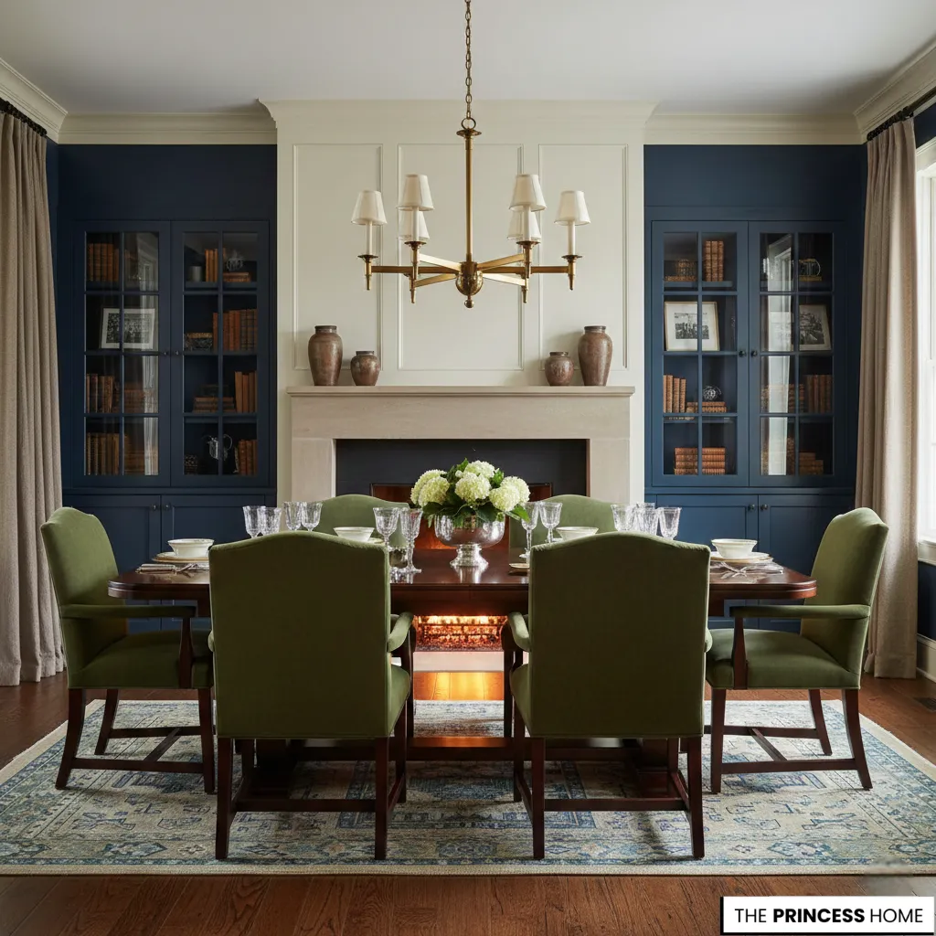Elegant dining room with navy walls, green upholstered chairs, a fireplace, and blue built-in cabinets.