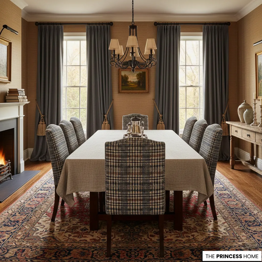 Elegant Ralph Lauren style dining room featuring plaid upholstered chairs, a long table, and grey curtains.
