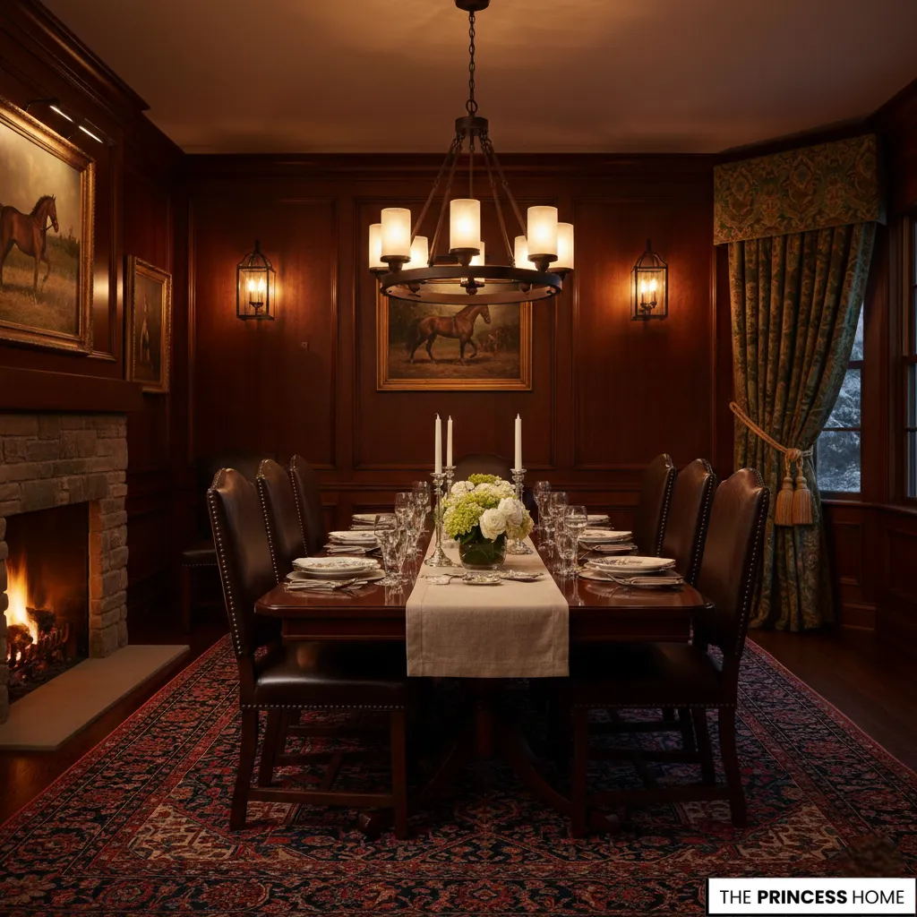 Warmly lit dining room with a round chandelier, dark leather chairs, horse paintings, and a stone fireplace.
