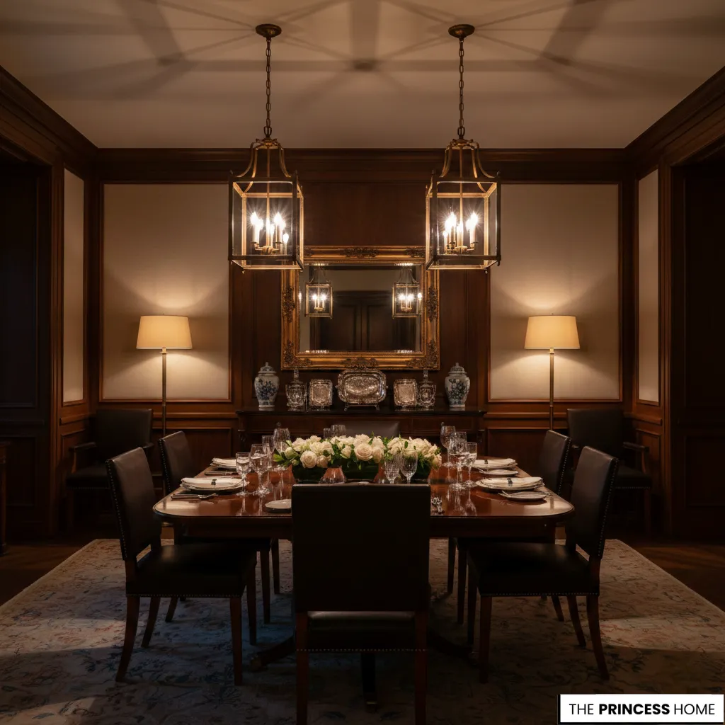 Elegant mahogany dining room with twin lantern chandeliers, dark leather chairs, and a white rose centerpiece.