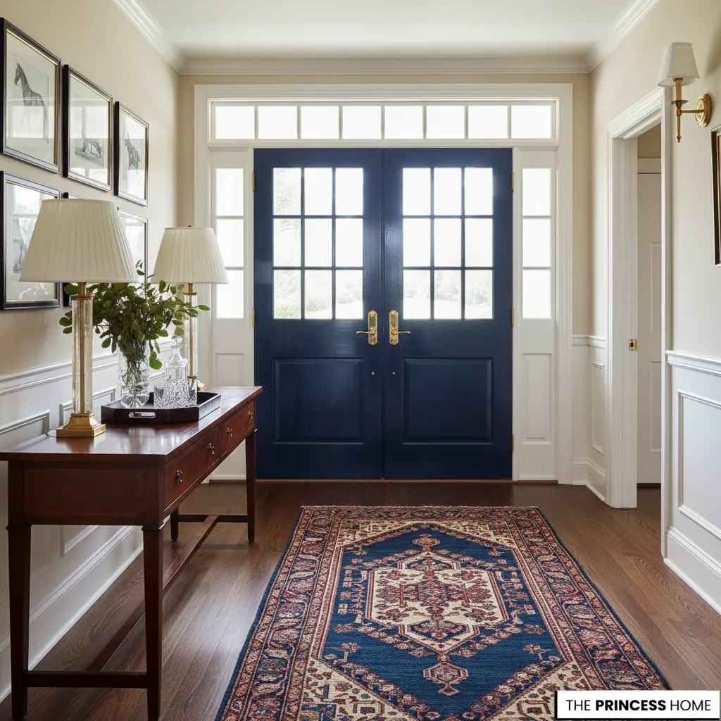 A classic Ralph Lauren style entryway featuring a navy blue double door, a mahogany console table, and a vintage Persian runner rug.