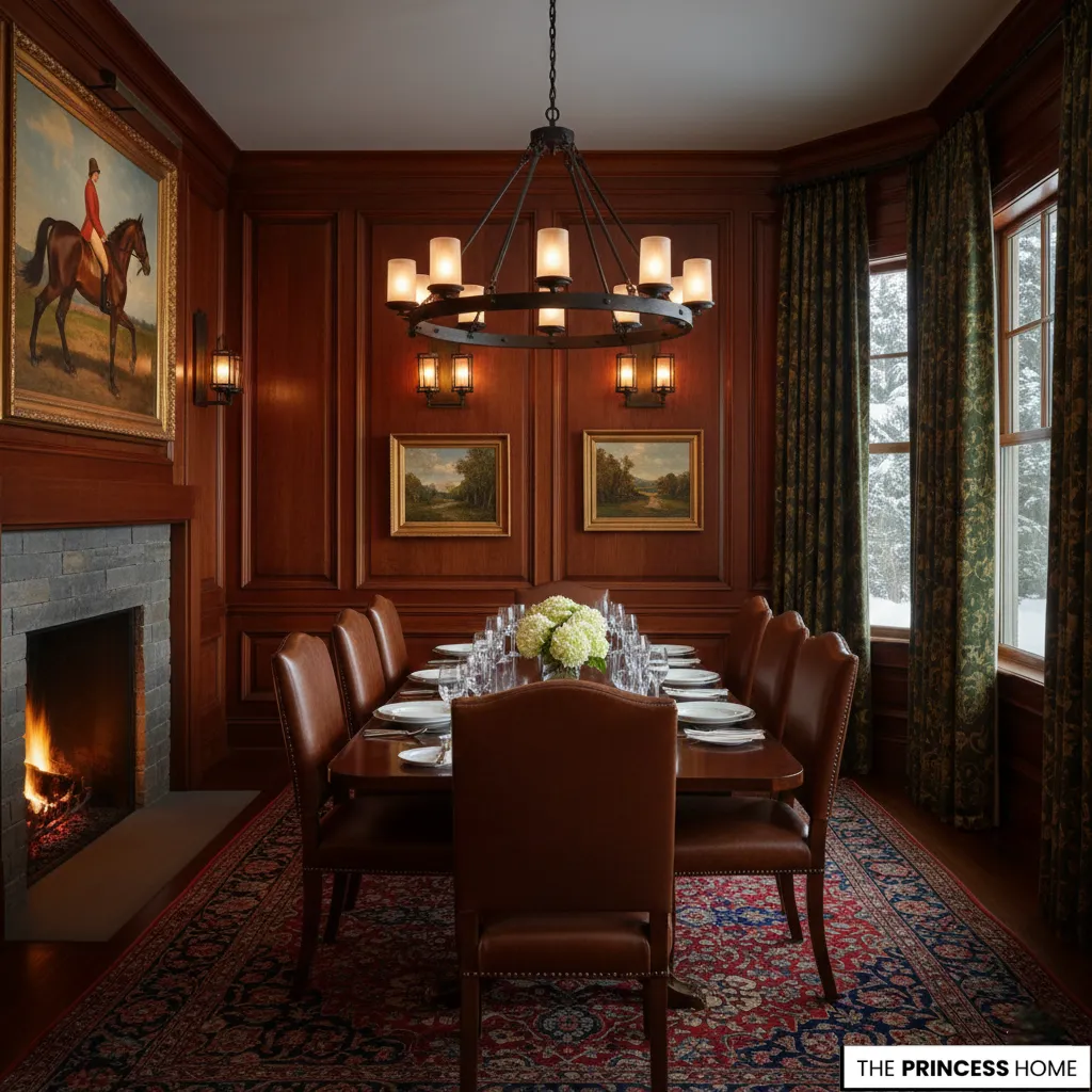 Equestrian style dining room with leather chairs, wood paneling, a fireplace, and a large ring chandelier.