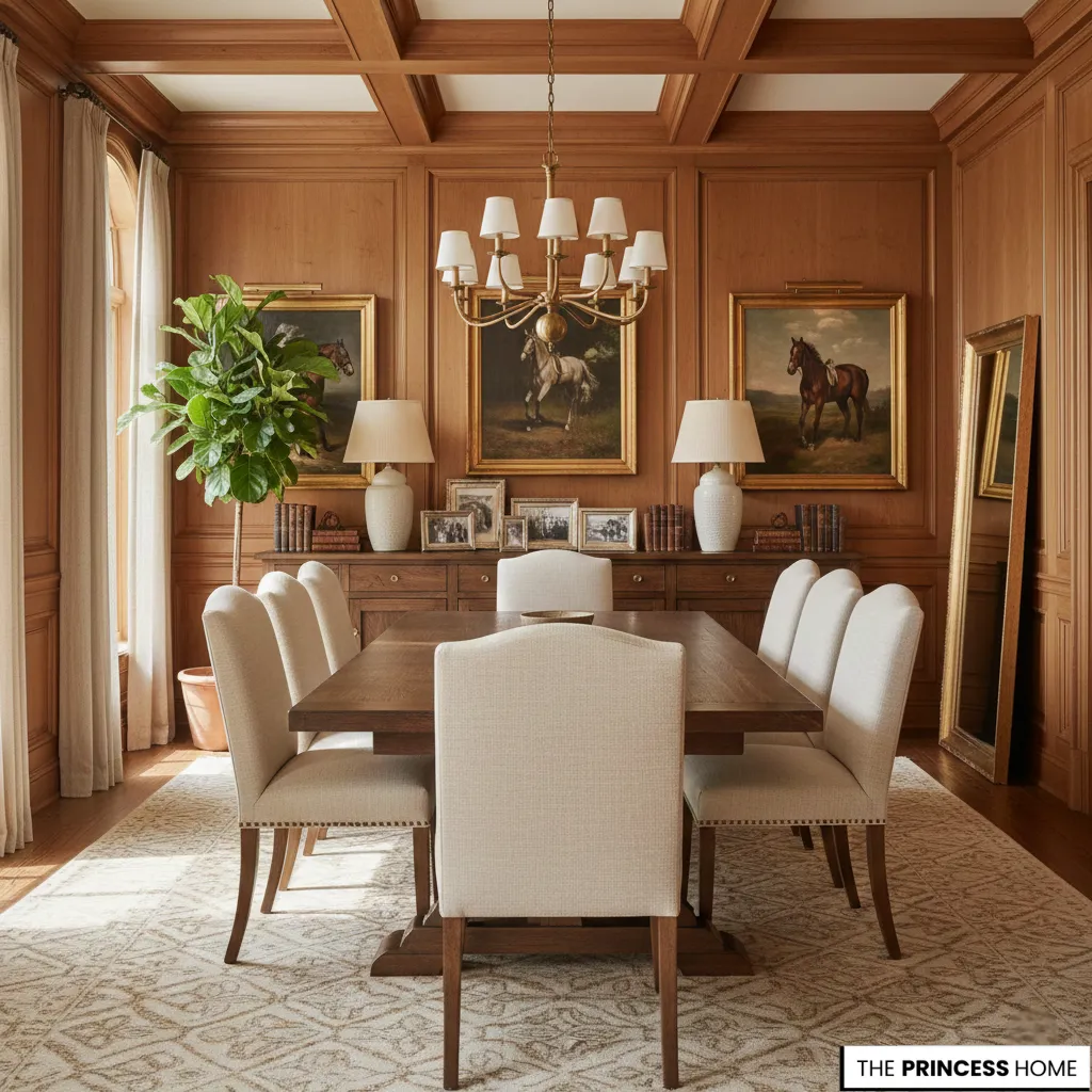 Equestrian style dining room featuring cream chairs, wood paneling, horse paintings, and a brass chandelier.