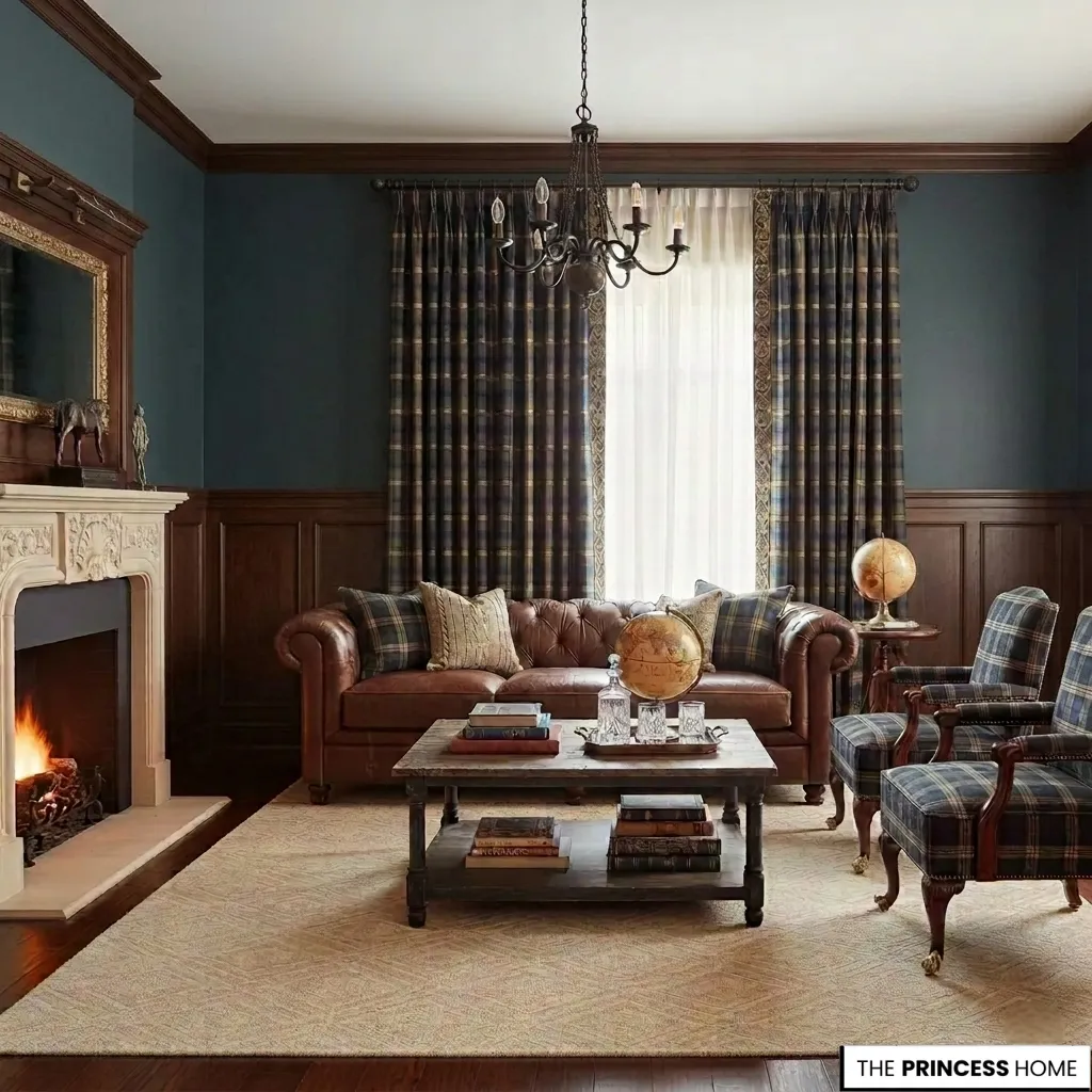 A luxury living room featuring dark wood wainscoting half-wall panels, a brown leather chesterfield sofa, tartan plaid armchairs, and a limestone fireplace under soft window light.