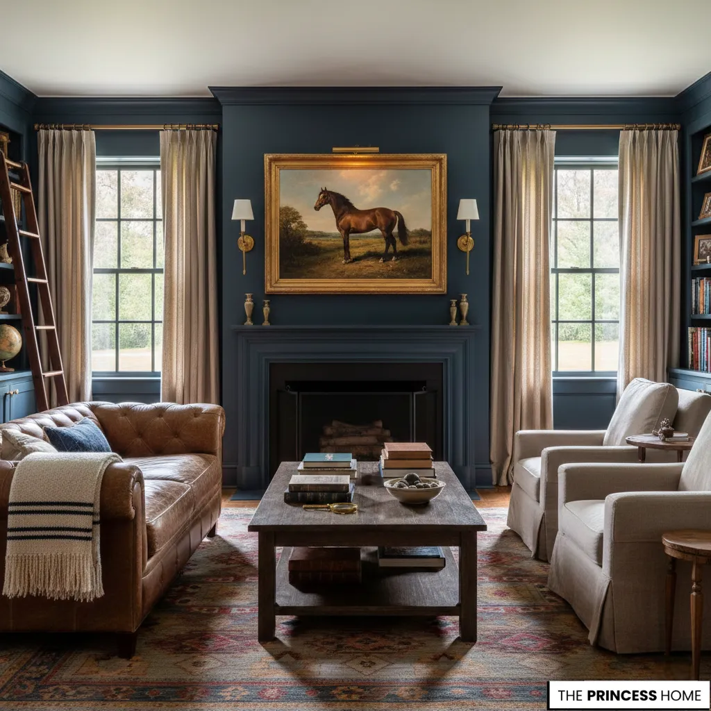 A luxury Ralph Lauren home style living room featuring a brown leather chesterfield sofa, a classic fireplace under a horse painting, and elegant blue walls.