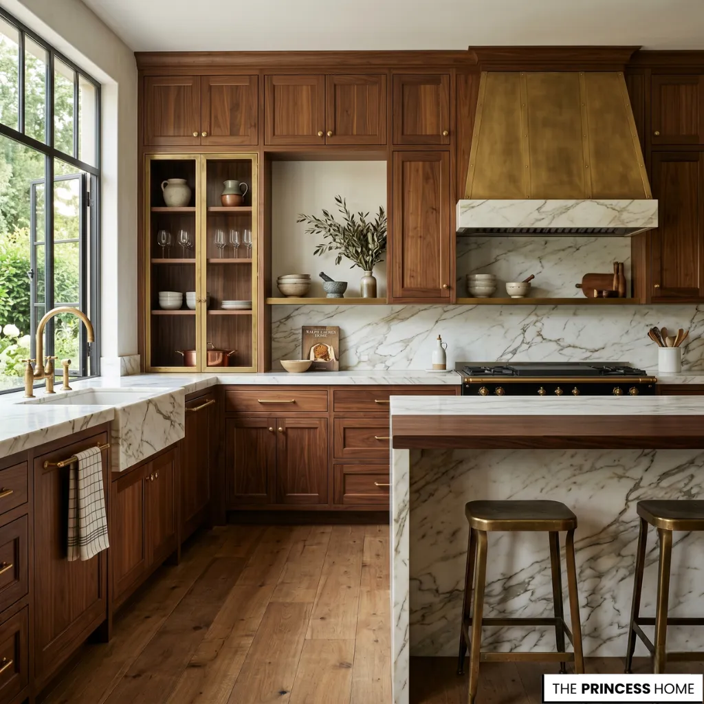 A cinematic Ralph Lauren kitchen with warm wood, marble, and brass details creating a timeless luxury atmosphere