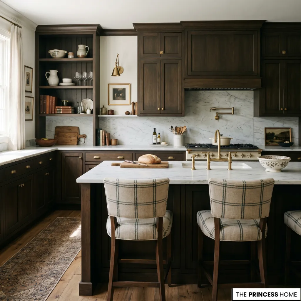 A Ralph Lauren kitchen detail featuring brass hardware, leather accents, and tartan textiles in a warm luxury interior setting