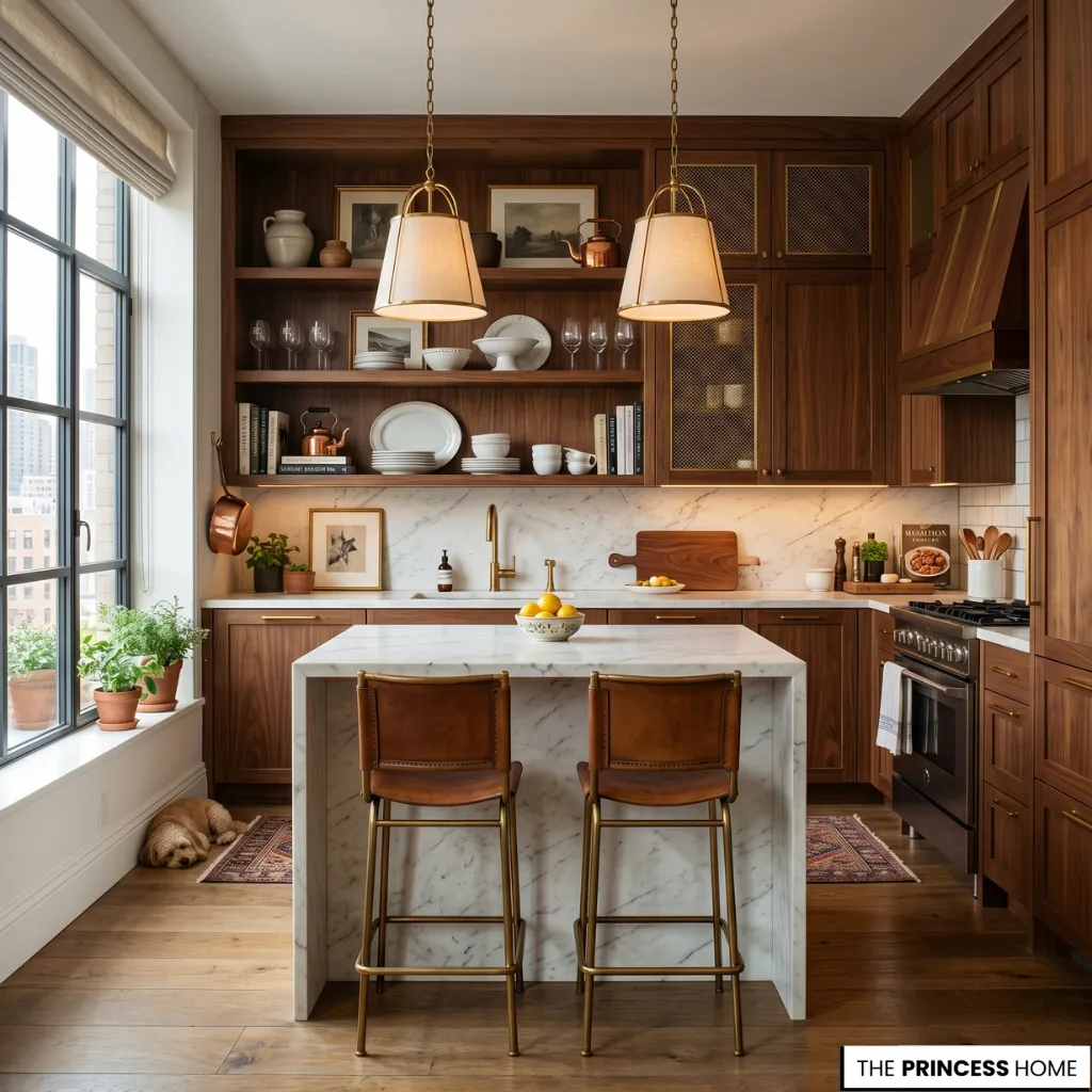 A Ralph Lauren kitchen adapted for a modern apartment with walnut cabinetry and marble surfaces in warm natural lighting
