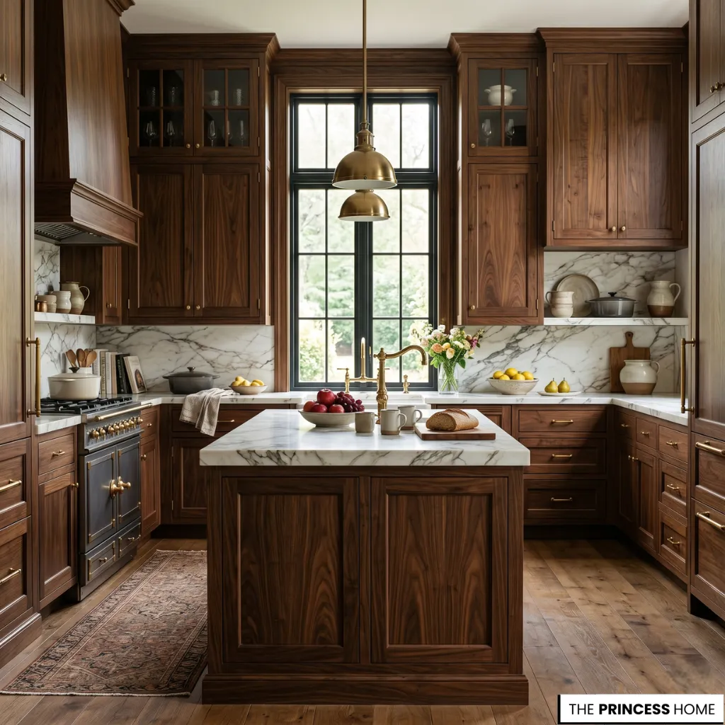 A Ralph Lauren kitchen interior with walnut cabinetry, Calacatta marble countertops, and warm natural lighting creating a timeless luxury atmosphere