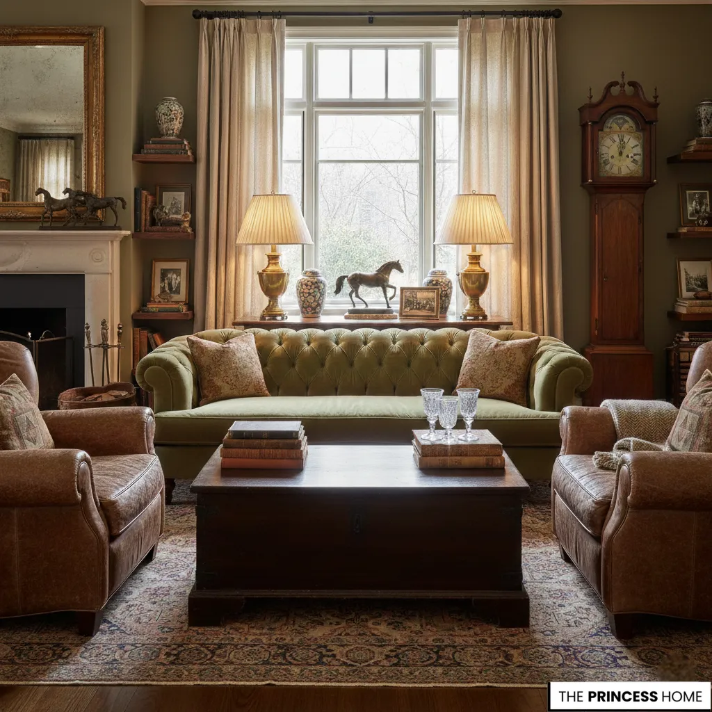 Ralph Lauren style living room with olive green tufted sofa, leather chairs, wooden trunk table, and grandfather clock.