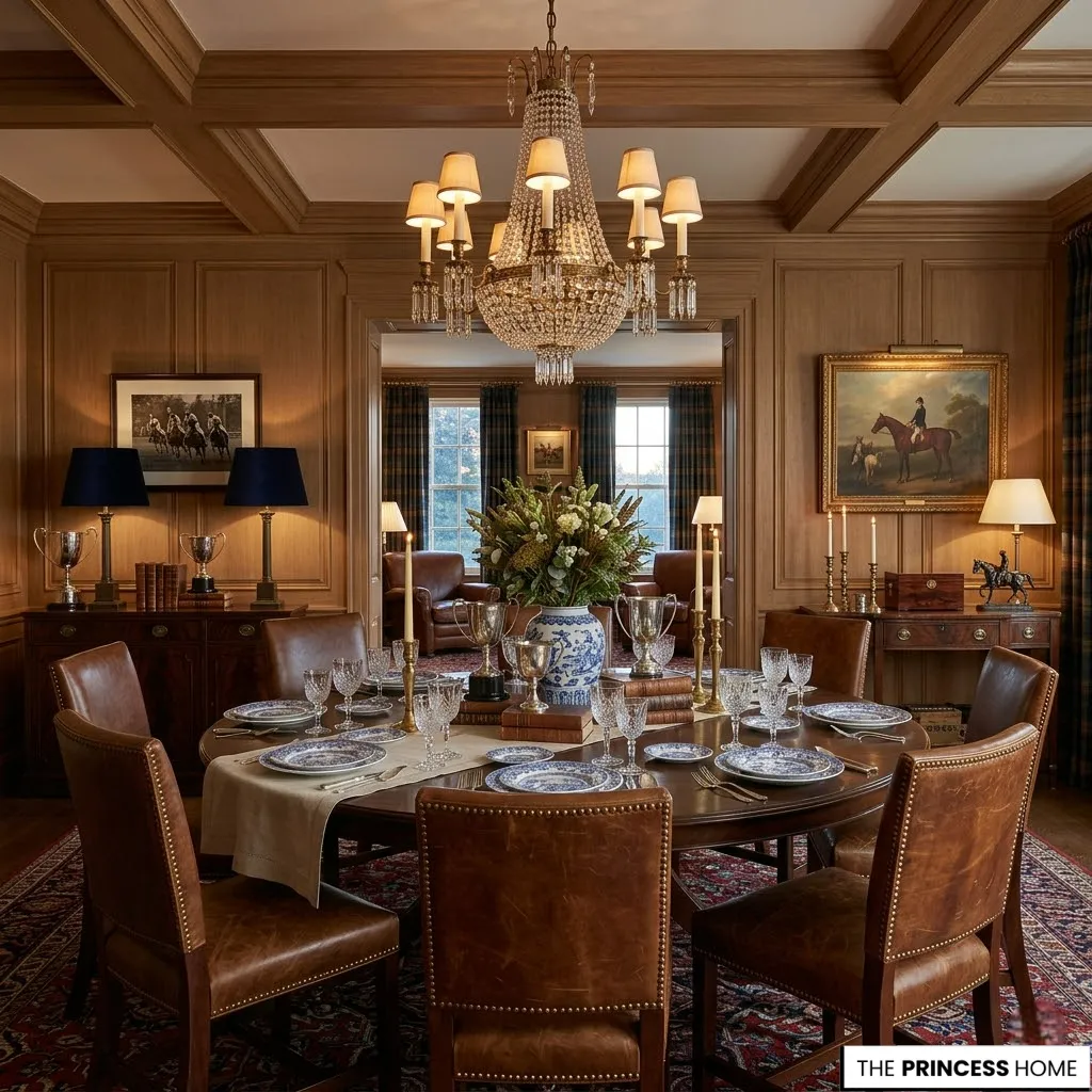 Traditional dining room with a round wooden table, leather chairs, wood paneling, and a grand crystal chandelier.