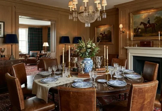Equestrian style dining room featuring cream chairs, wood paneling, horse paintings, and a brass chandelier.