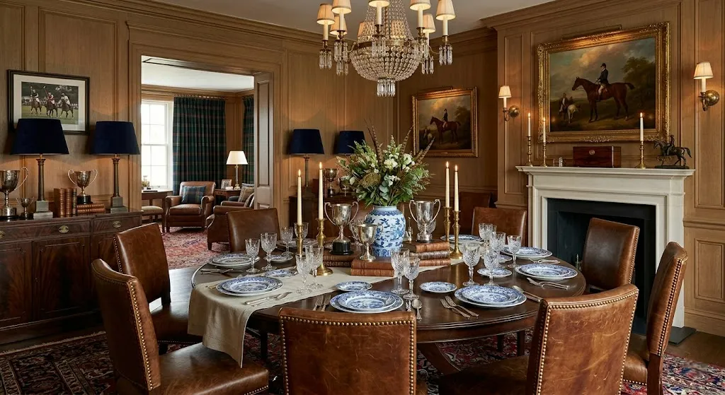 Equestrian style dining room featuring cream chairs, wood paneling, horse paintings, and a brass chandelier.