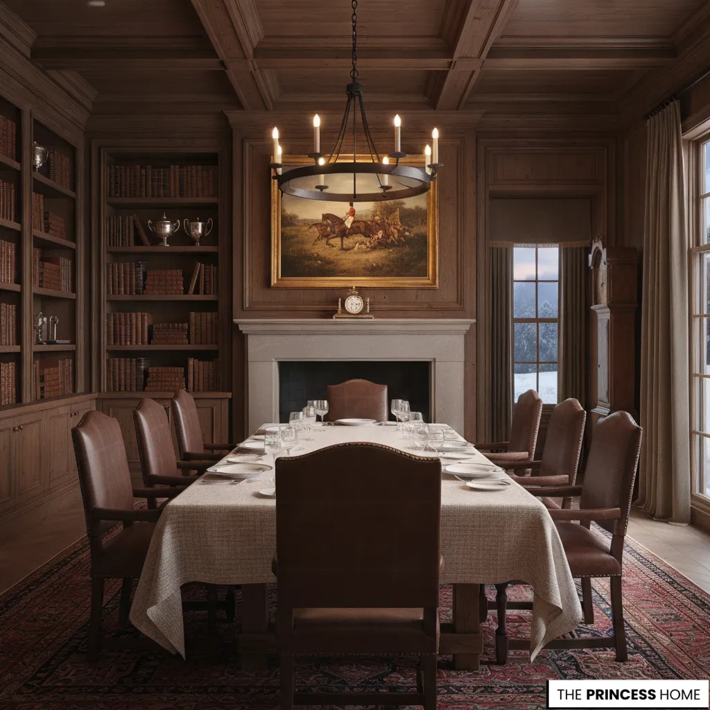 Traditional wooden dining room with a large table, leather chairs, a fireplace, and a large chandelier.