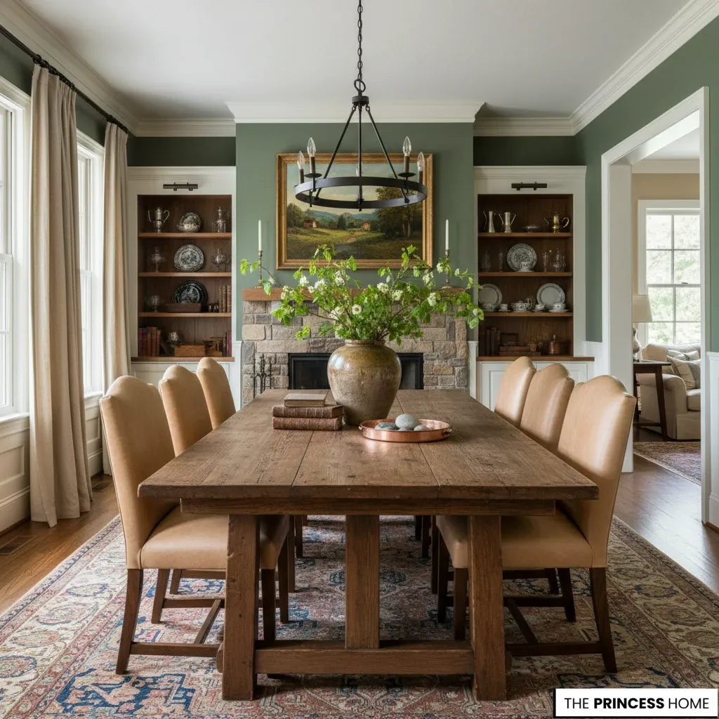 Rustic dining room with a long wooden table, tan leather chairs, sage green walls, and a stone fireplace.