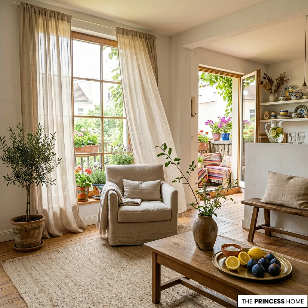Cozy rustic living room with a linen armchair, potted olive tree, and open doors leading to a sunlit balcony.