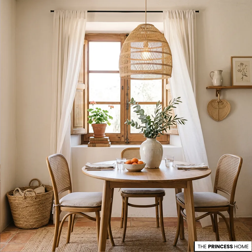Rustic dining nook with a round wooden table, woven pendant light, cane chairs, and a sunlit window.