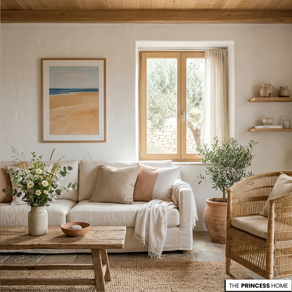 Rustic Mediterranean living room with a cream sofa, wicker armchair, wooden coffee table, and a potted olive tree.