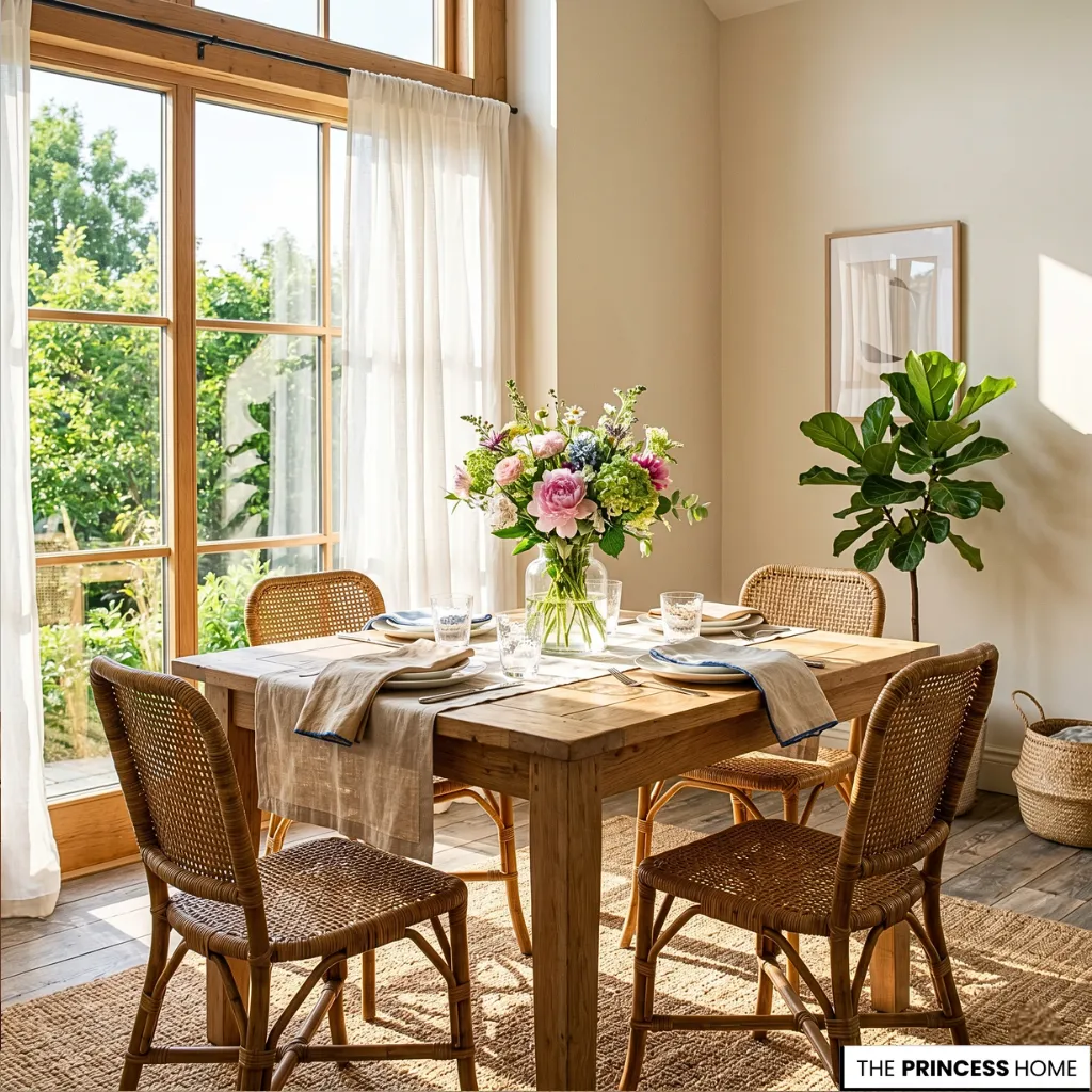 Rustic wooden dining table set with rattan chairs, a fresh flower centerpiece, and a bright window with sheer curtains.