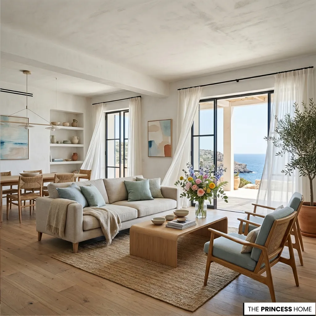 Summer decor coastal-inspired interior blending light wood, white walls, and soft natural tones in a modern home.