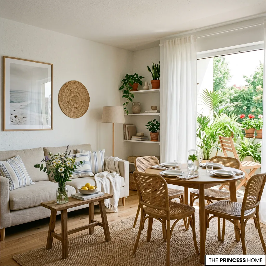 Bright compact open-concept living and dining area with a view of a lush green balcony, featuring a beige sofa