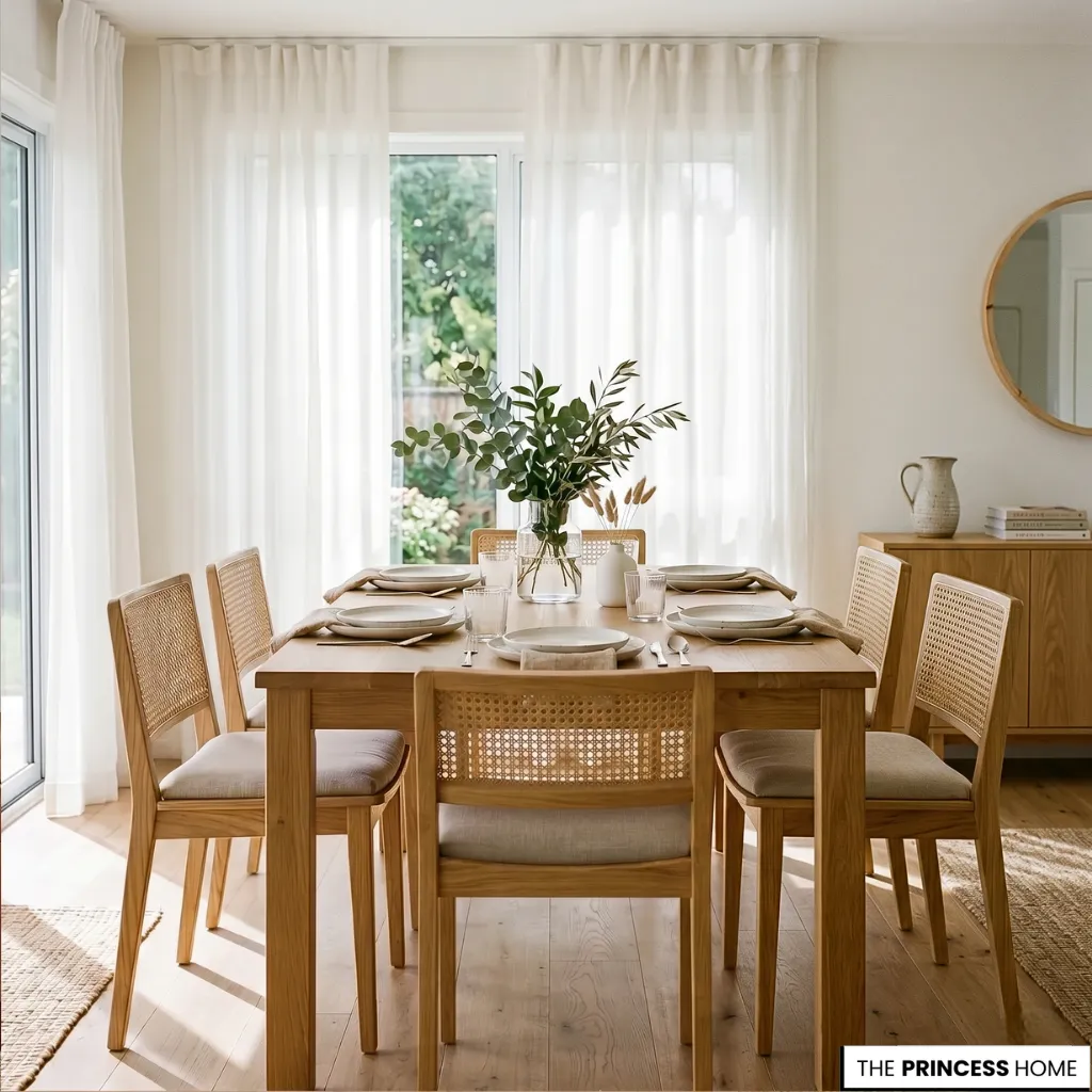 summer decor in a bright dining room with natural light and sheer linen curtains