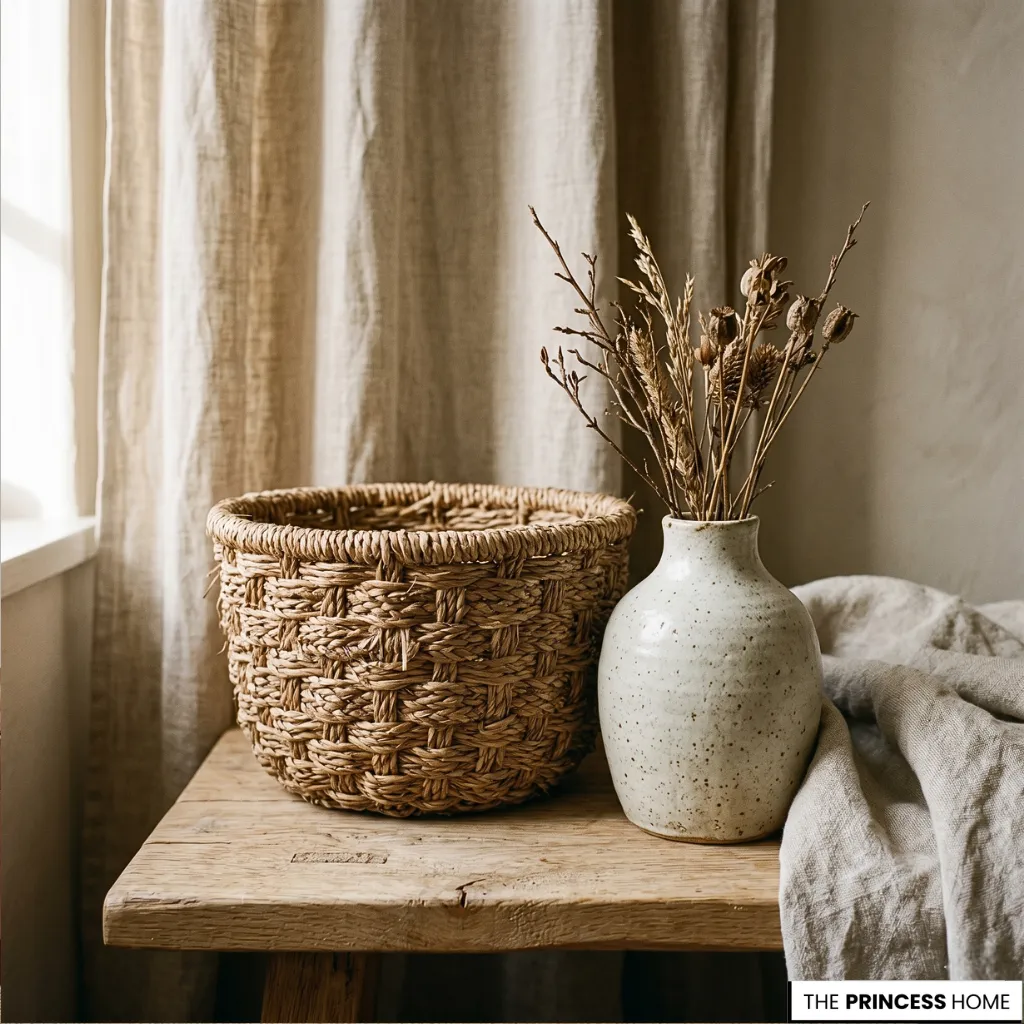 Summer decor natural materials including linen, wood, and ceramic textures highlighted by soft daylight.