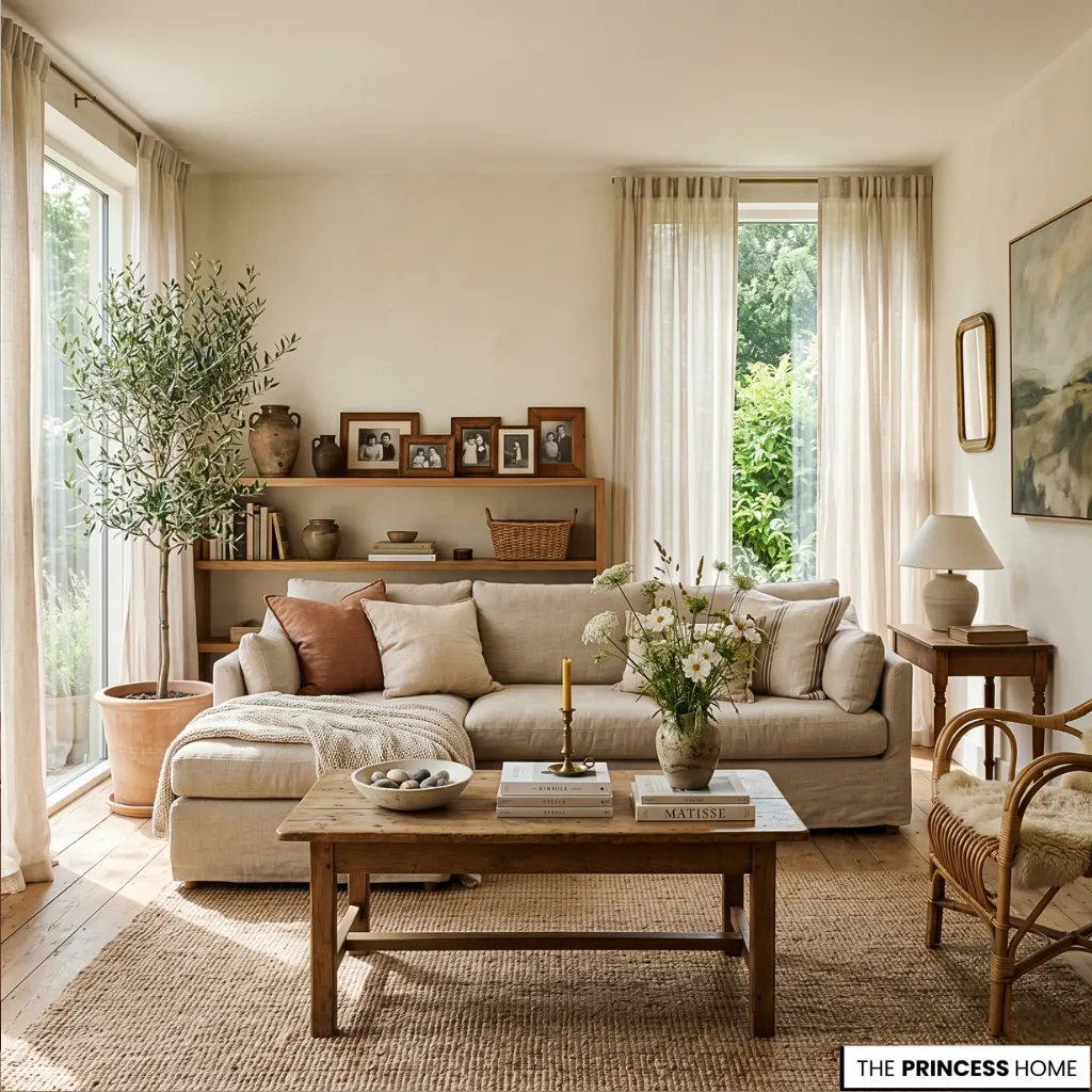 Bright neutral living room with sunlight pouring through sheer linen curtains, featuring a beige linen sectional sofa