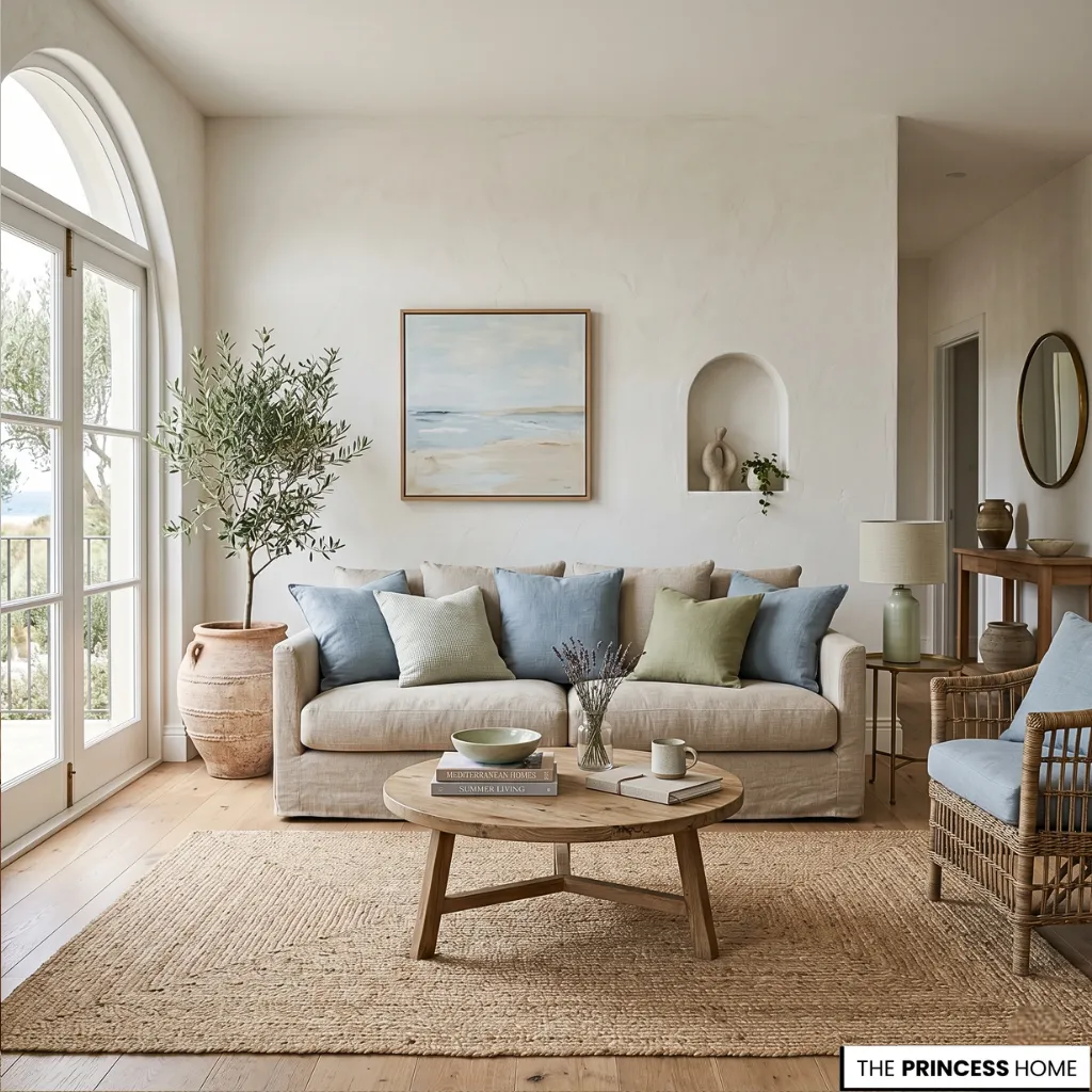 Summer decor living room featuring soft sand, muted blue, and pale green tones in a calm natural light setting.