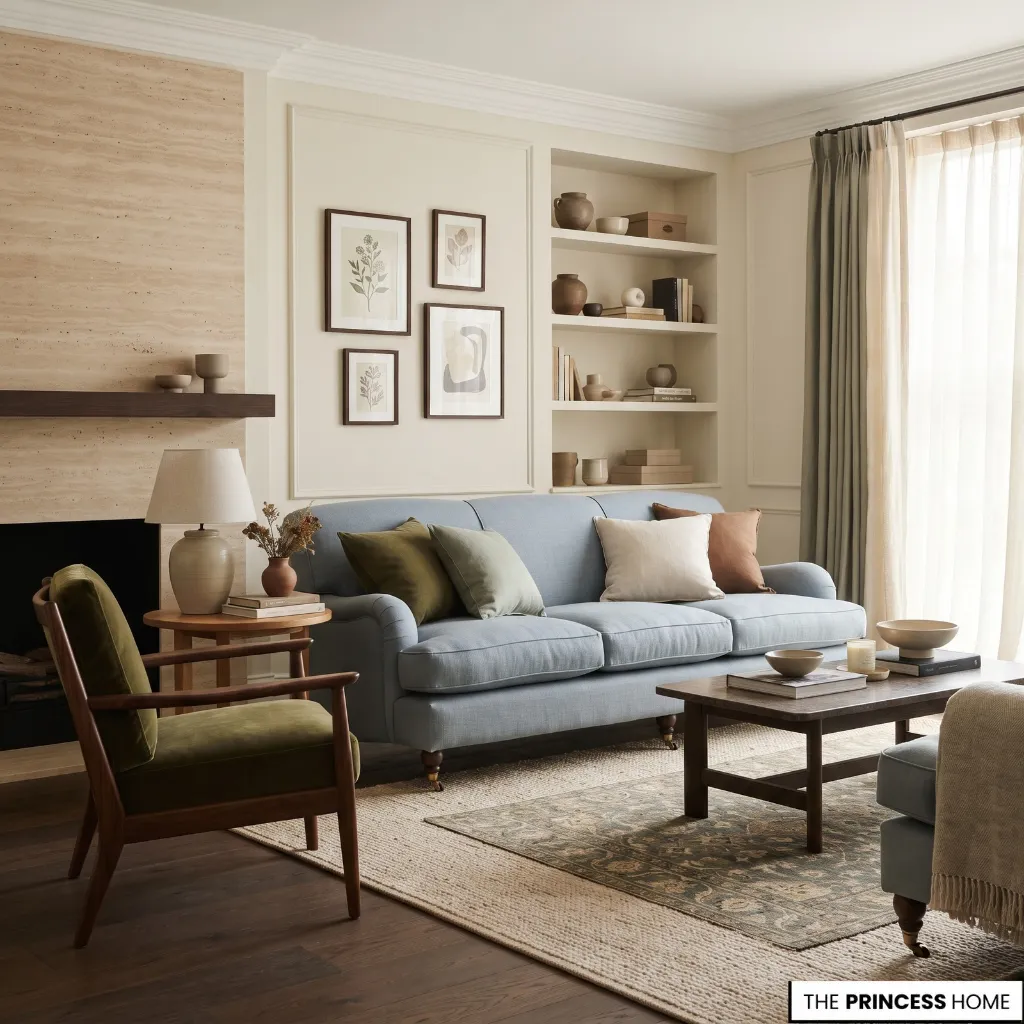 Residential sitting room showing natural green, softened blue, warm brown, and earthy clay color directions