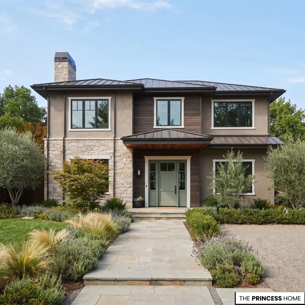 Modern home exterior combining warm neutral, muted green, soft white, and deeper earth-tone accents