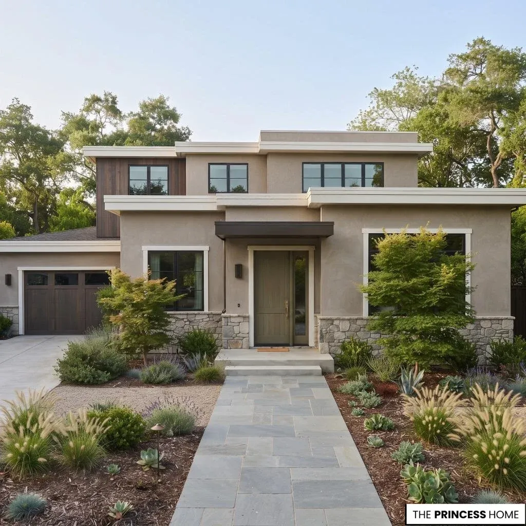 Home exterior using a warm natural neutral with muted green and soft contrasting accents