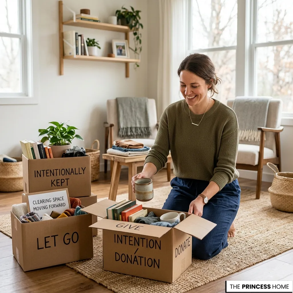 Woman smiling while sorting items into "Let Go" and "Donation" boxes, learning how to let go of possessions with intent.