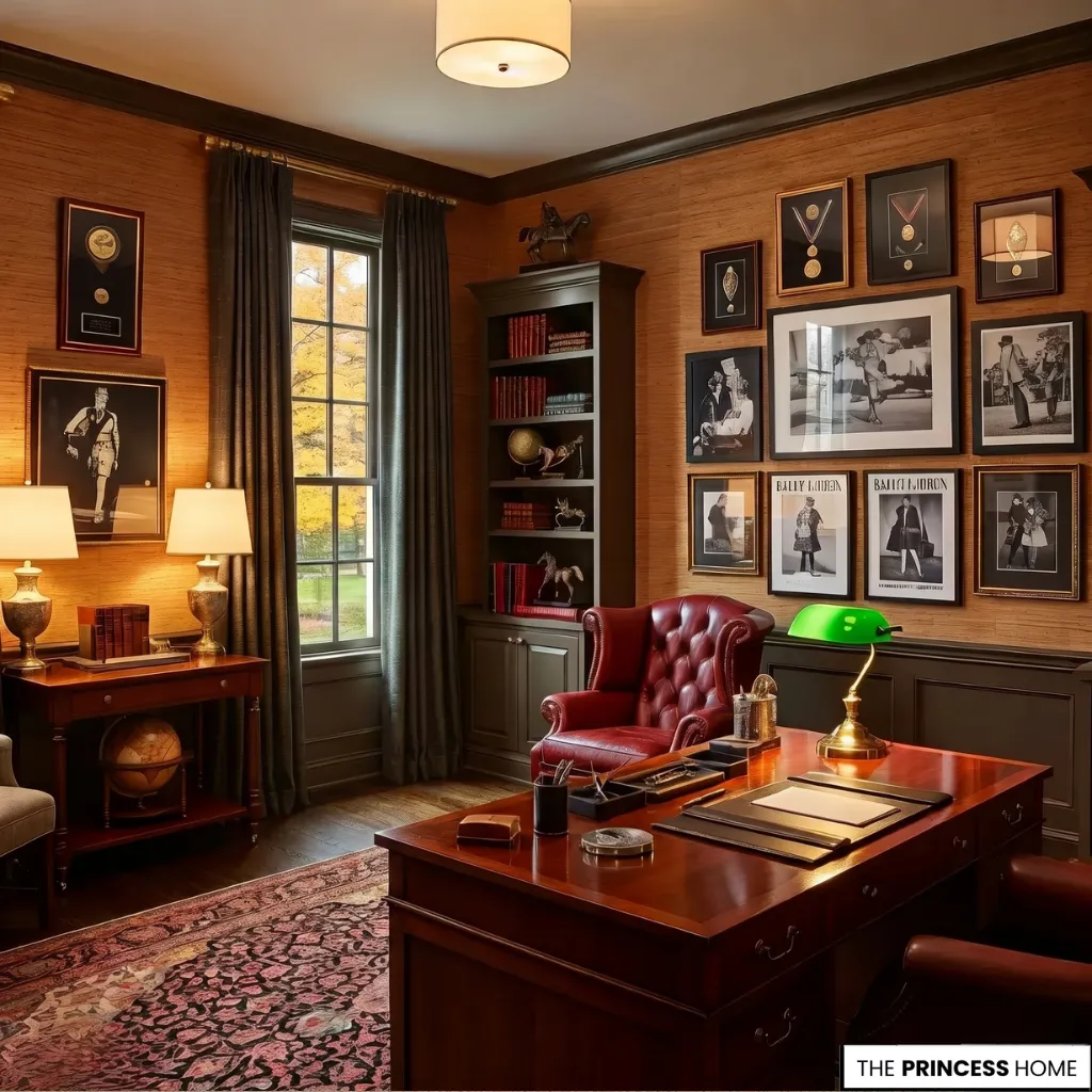 Sophisticated home office with textured wallpaper, an executive desk, green bankers lamp, red tufted armchair, and gallery wall.