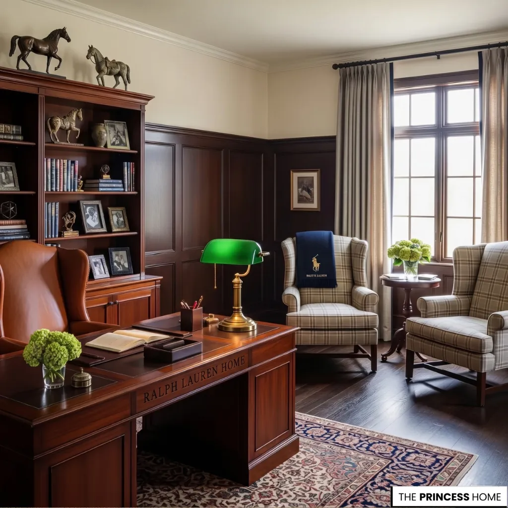 Ralph Lauren executive office with dark wood paneling, an elegant desk, green bankers lamp, and plaid wingback chairs.
