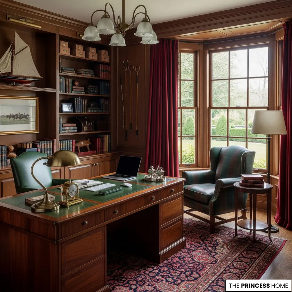 Classic home office with a green leather desk, plaid armchair, red velvet curtains, and large windows.
