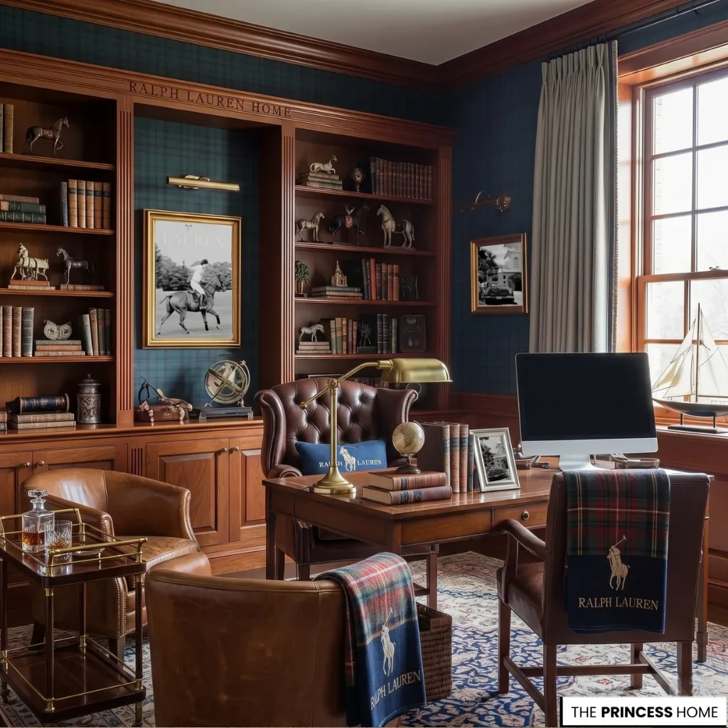 Ralph Lauren home office with large wooden bookcase, brown leather chairs, green banker lamp, and vintage rugs.