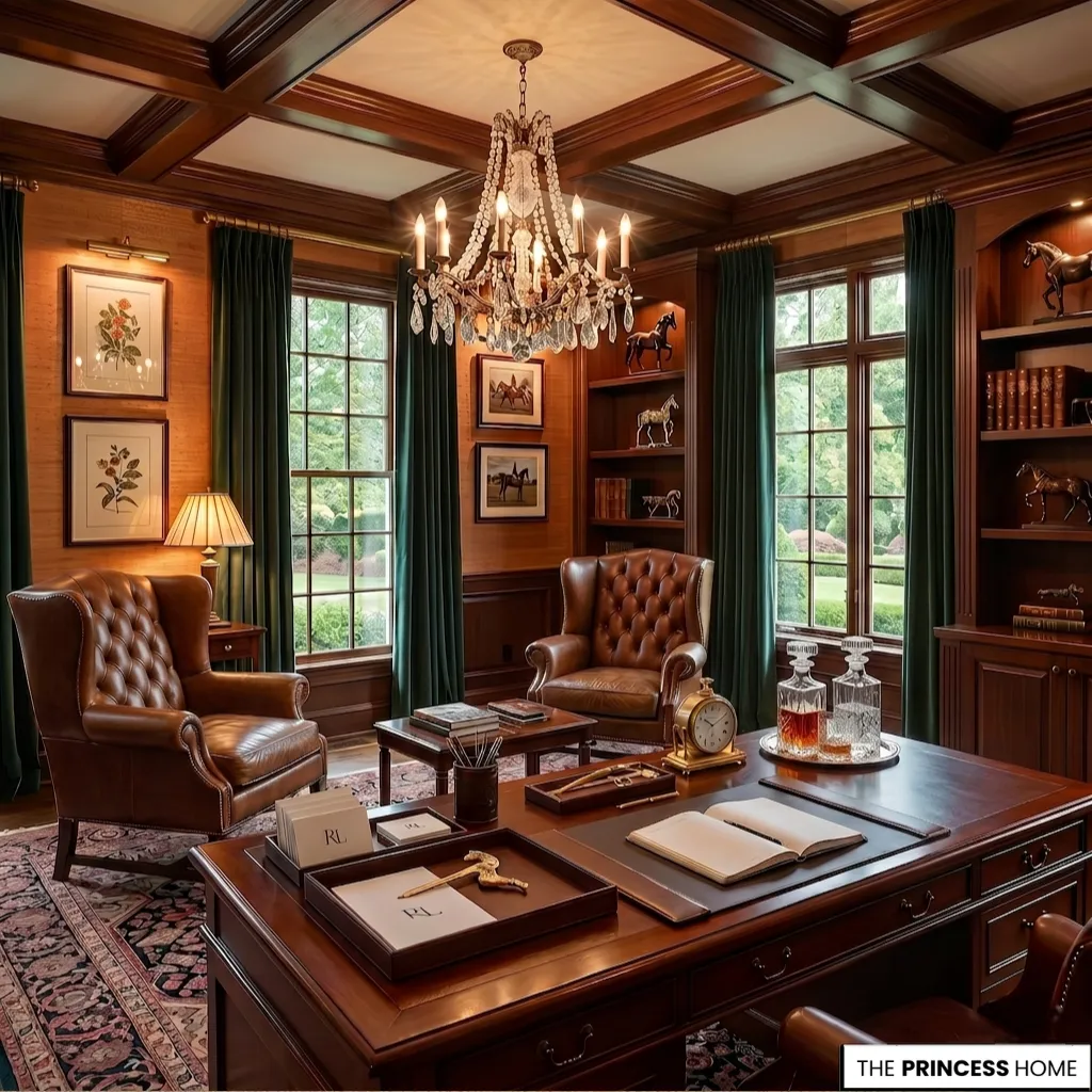 Luxury study with coffered ceiling, large crystal chandelier, executive desk, leather wingback chairs, and green curtains.