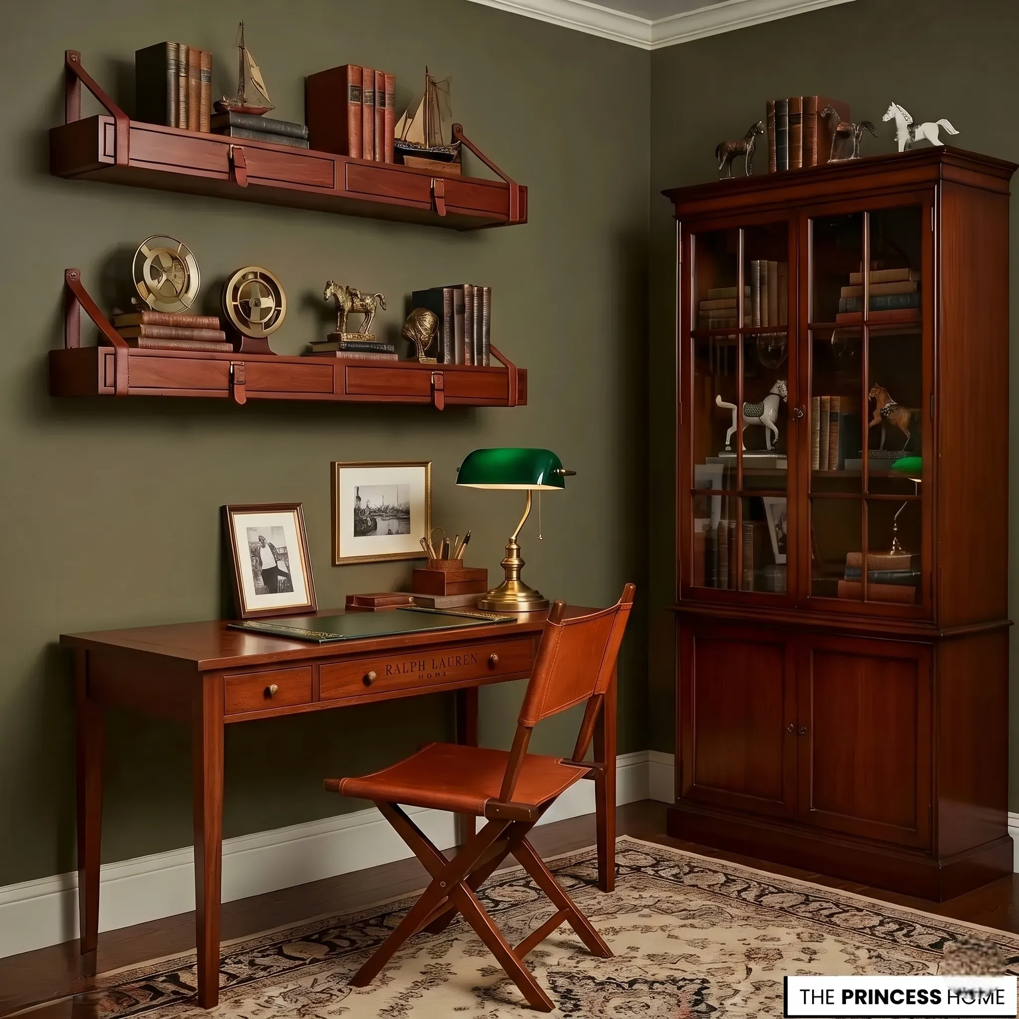 Ralph Lauren Small home office with olive green walls, a wooden writing desk, leather folding chair, banker's lamp, and cabinet.