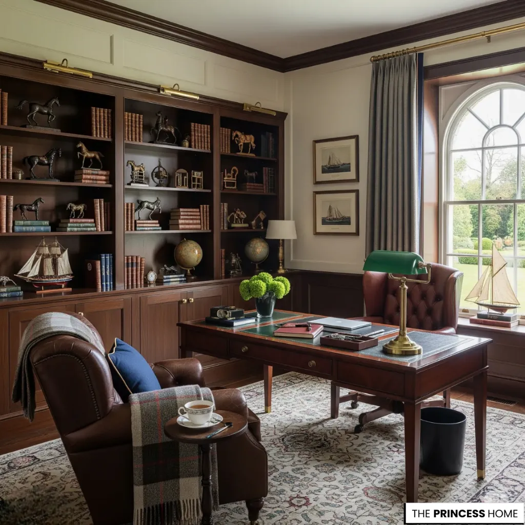 Heritage home office with a mahogany desk, bankers lamp, leather armchairs, large bookcases, and arched window.