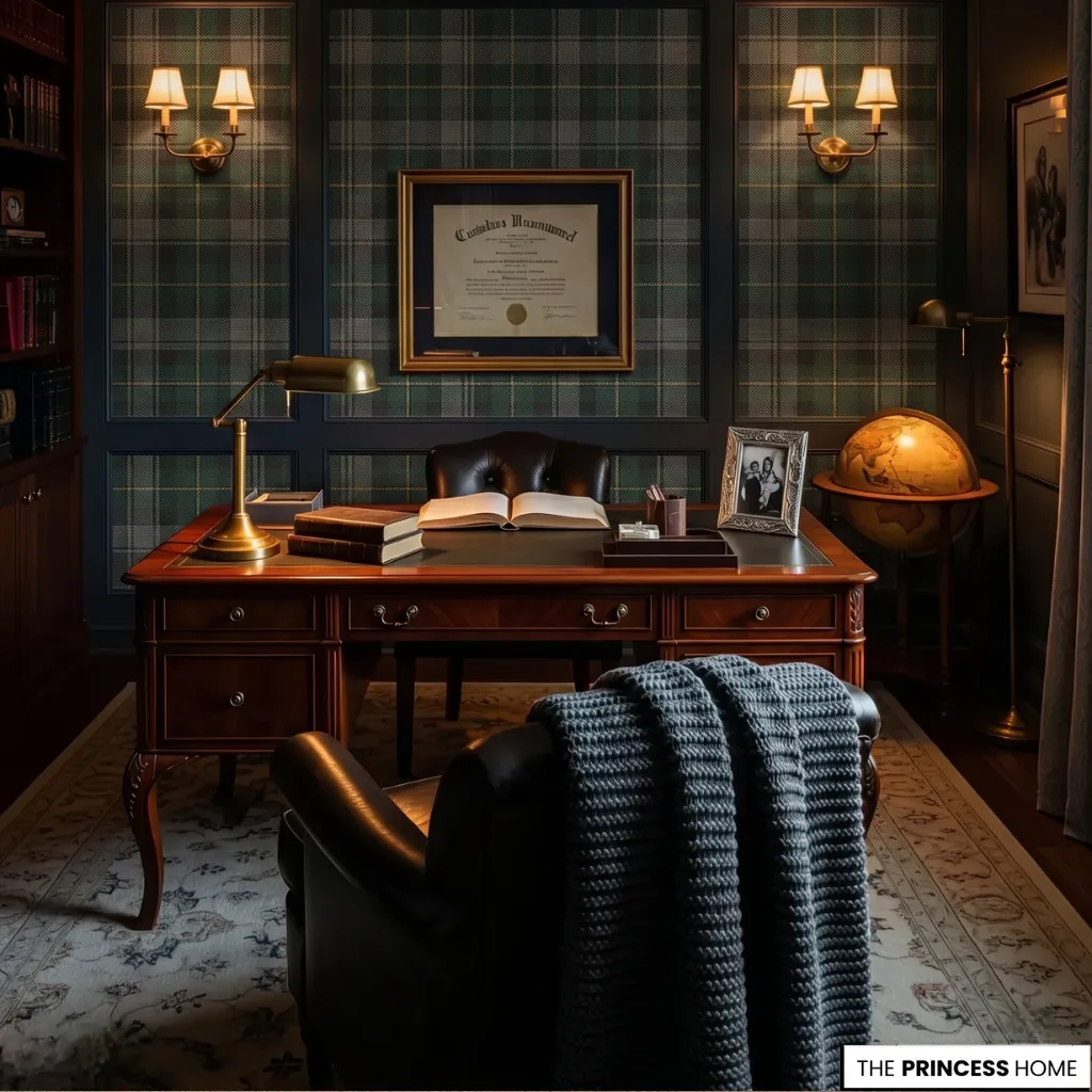 Moody heritage study with green plaid wallpaper, a vintage executive desk, leather armchairs, and warm sconces.
