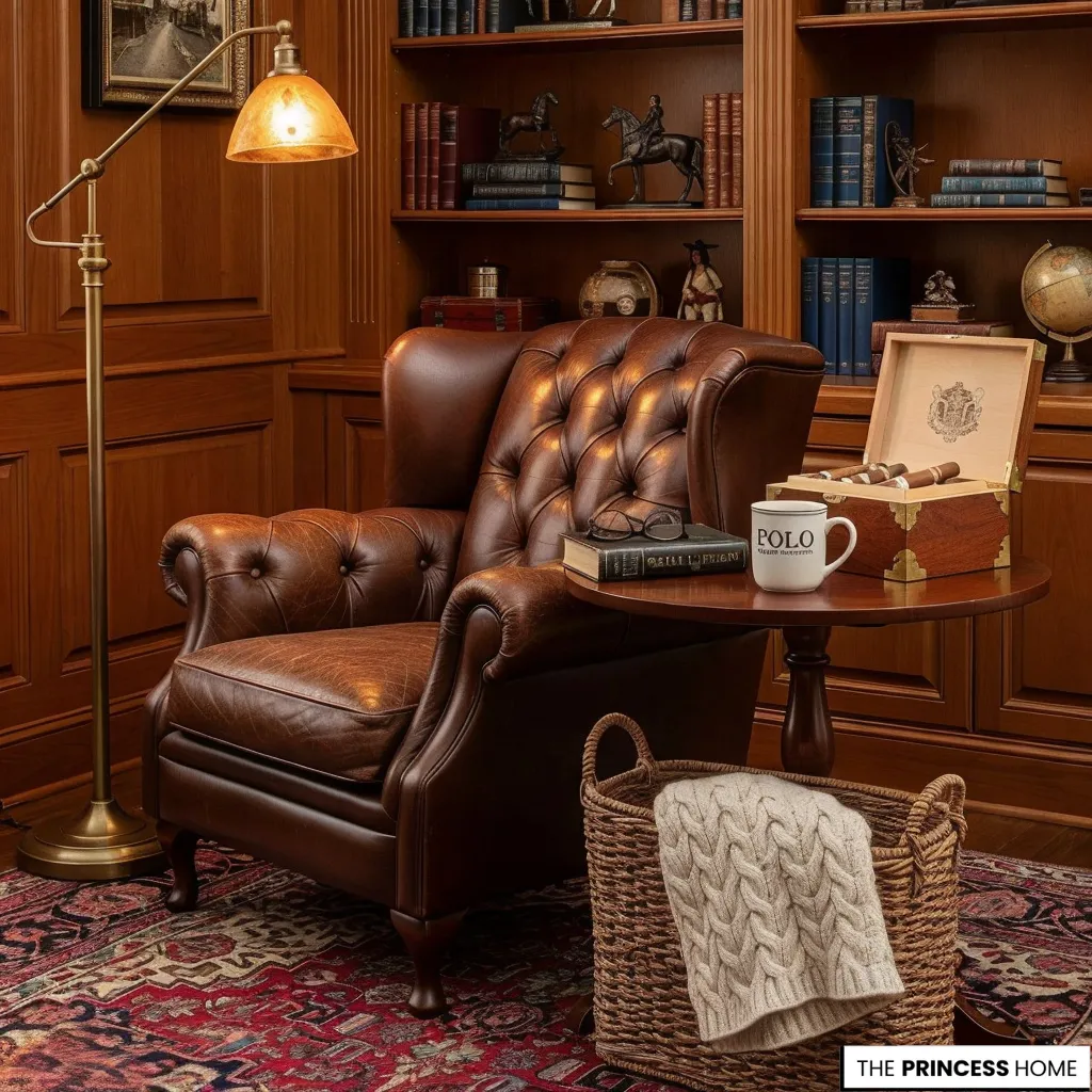 Leather tufted armchair with a wood side table, polo mug, cigar box, floor lamp, and bookshelves.