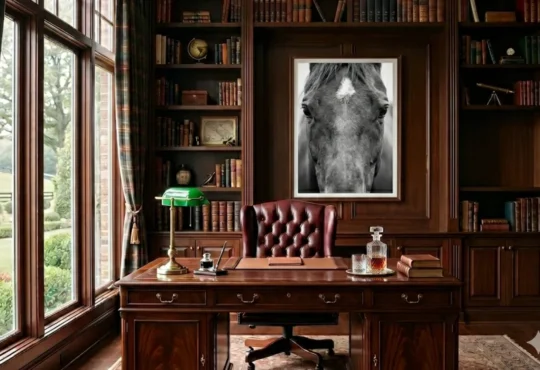 Stately home library with built-in bookshelves, an executive desk, green bankers lamp, and large horse portrait artwork.