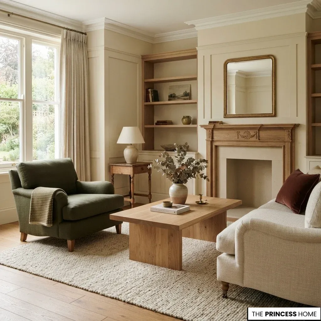 Balanced residential interior with controlled colors, compatible undertones, and one deeper accent