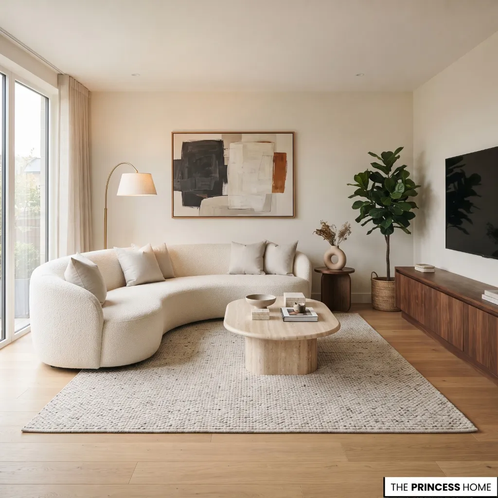 Balanced modern living room using limited curved furniture with appropriate scale, contrast, and circulation.