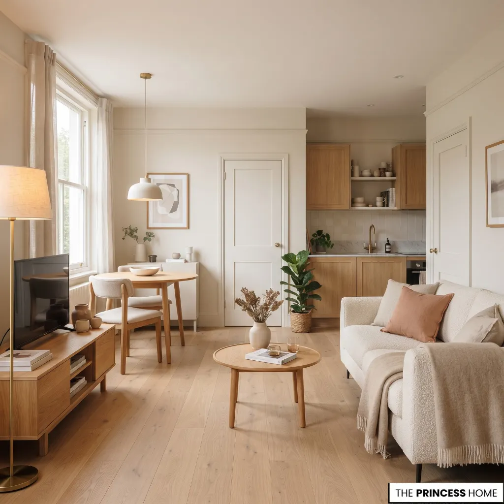 Small apartment interior with balanced wall colors, furniture, flooring, and trim without excessive visual contrast