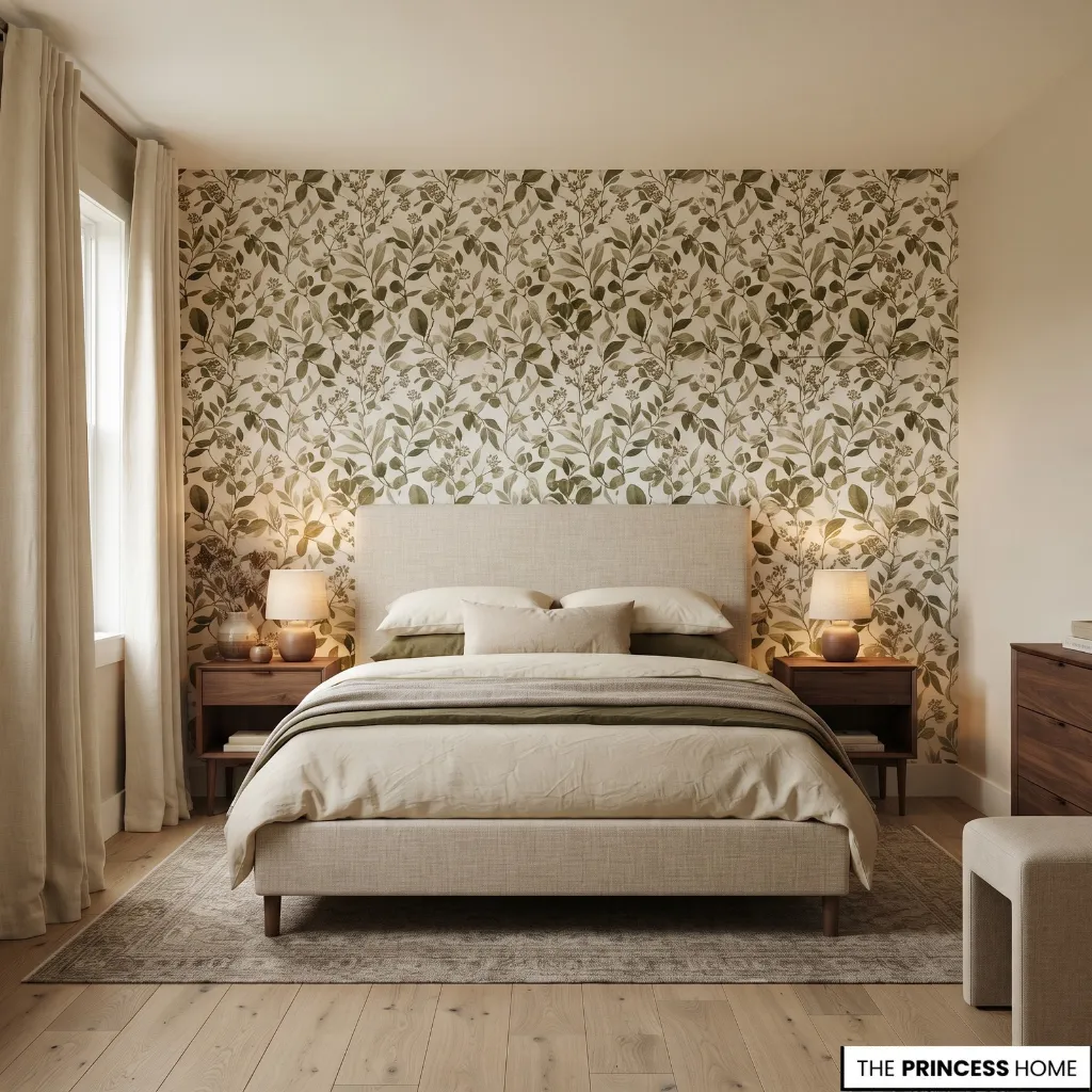 Bedroom with restrained botanical wallpaper, quiet furniture, and coordinated natural colors