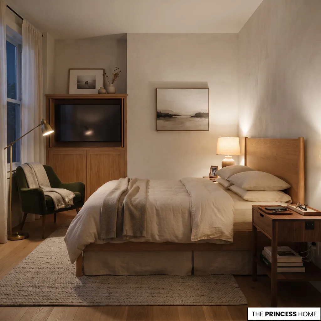 Bedroom with concealed technology, organized bedside charging, books, and a dedicated reading area.