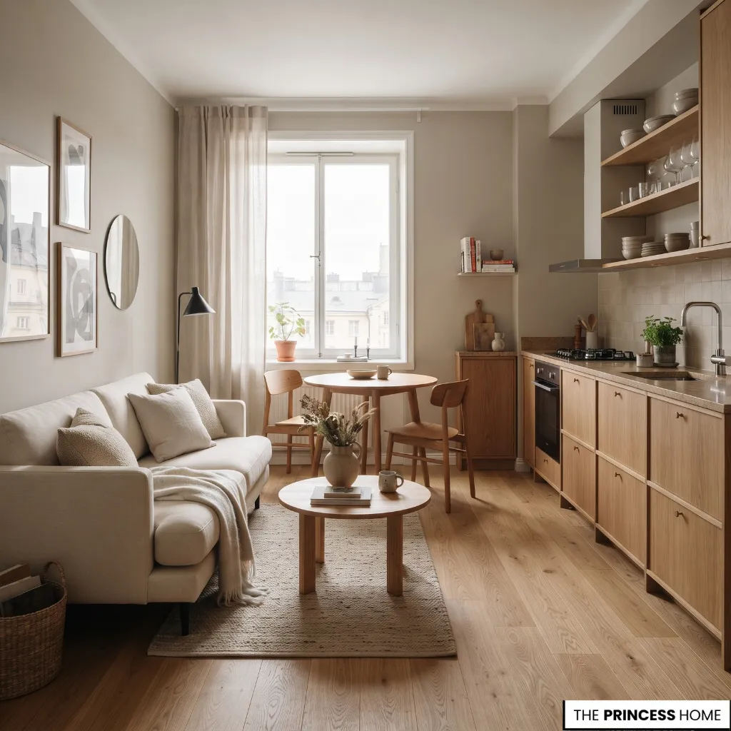 Connected small apartment living area and kitchen using related warm neutral paint and coordinated furnishings