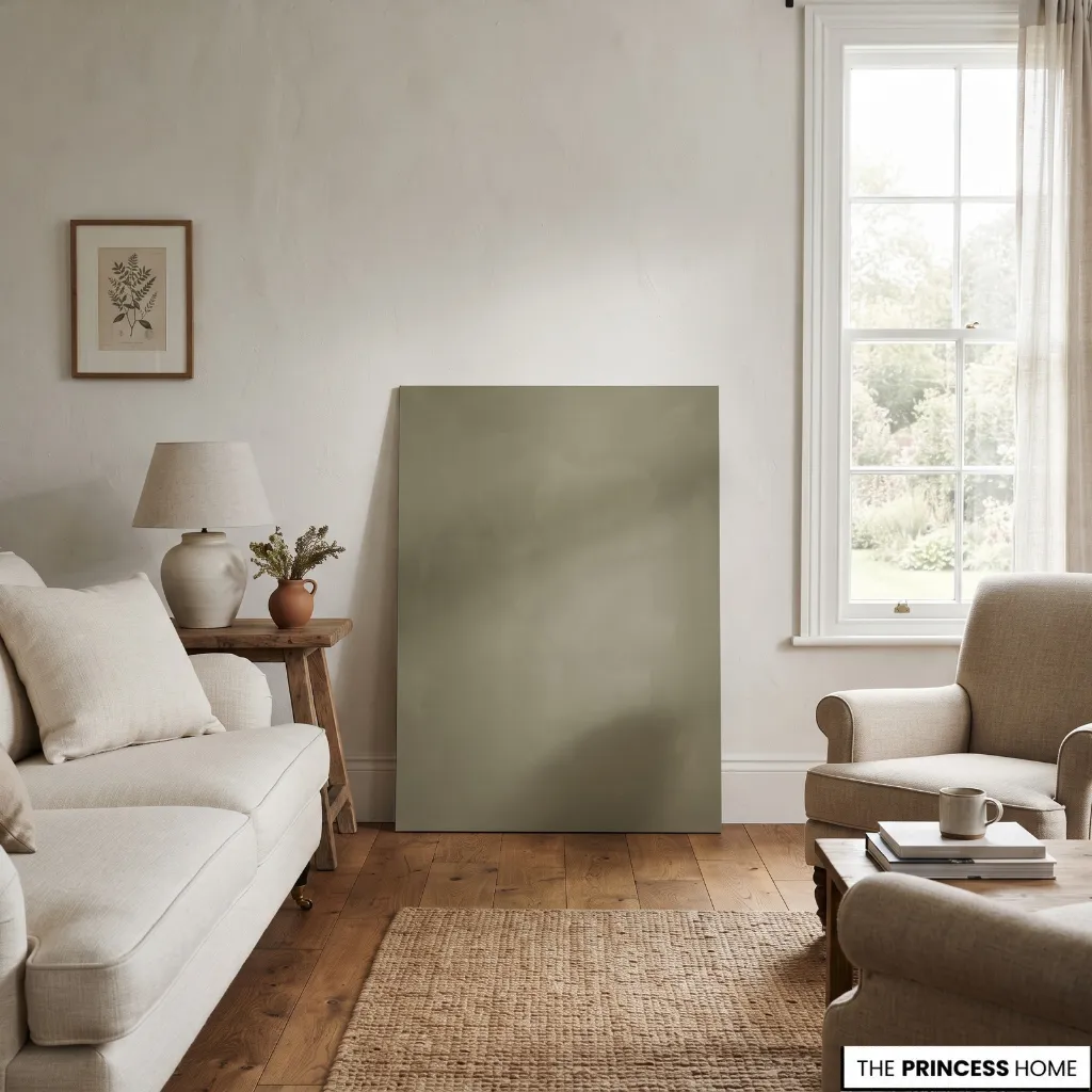 Paint sample displayed beside wood, stone, and textiles in a naturally lit interior